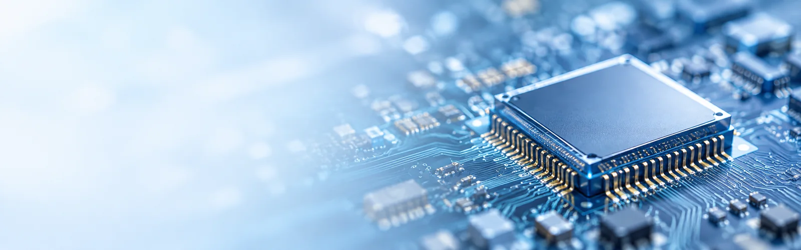 A semiconductor chip on a detailed blue circuit board