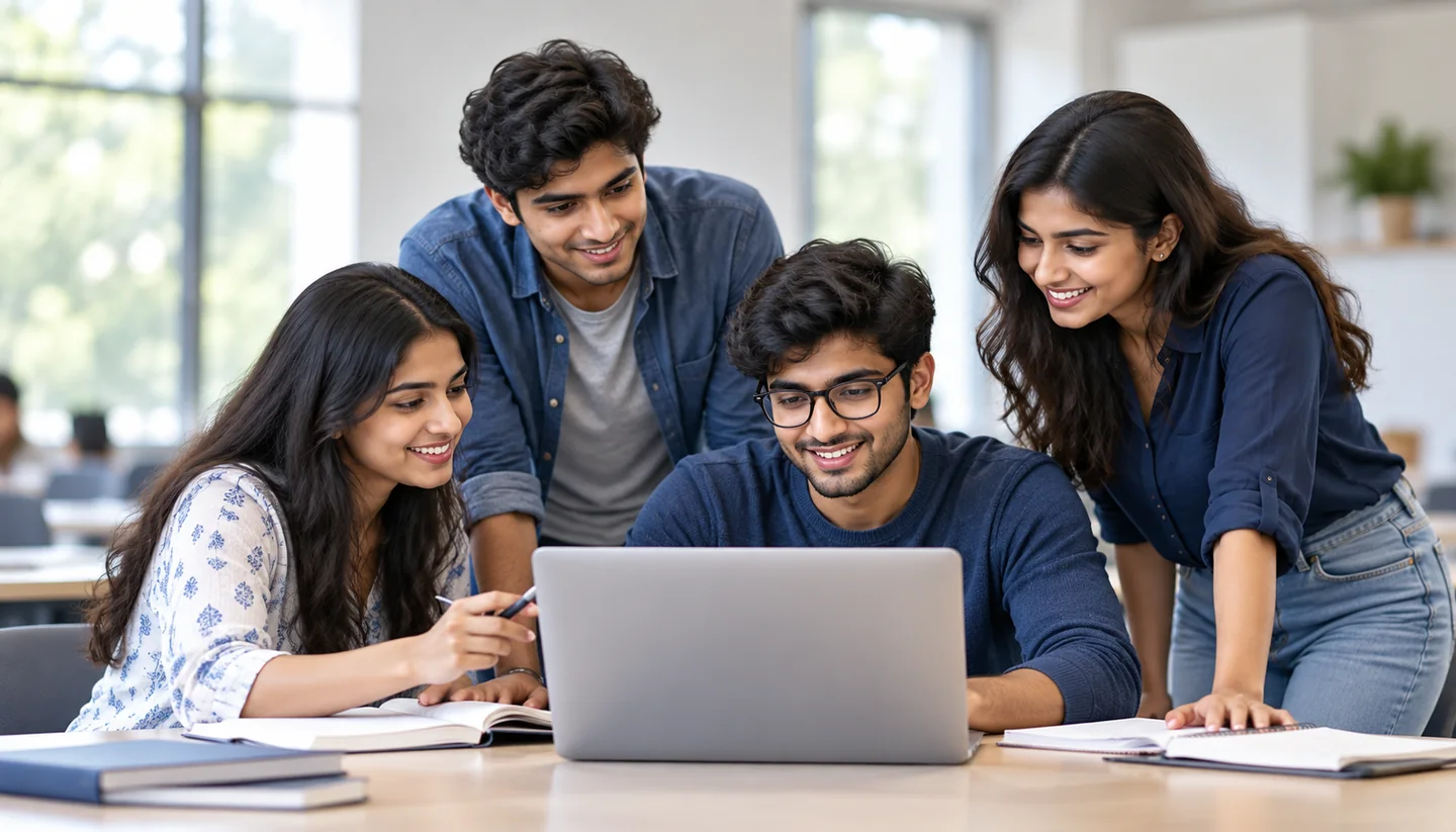 An illustrative group of learners collaborating around a laptop in a study room