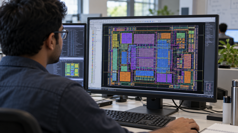 VLSI engineer reviewing a detailed chip floorplan and routed signal layout at a workstation