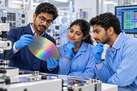 Three engineers examining a silicon wafer in a semiconductor lab