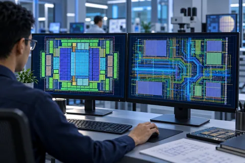Two chip floorplan and interconnect views on design workstation displays