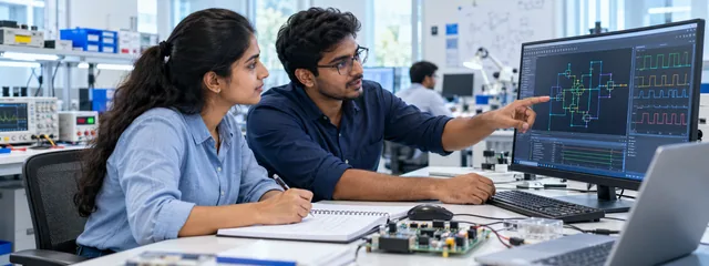 Two engineering interns reviewing a circuit simulation together